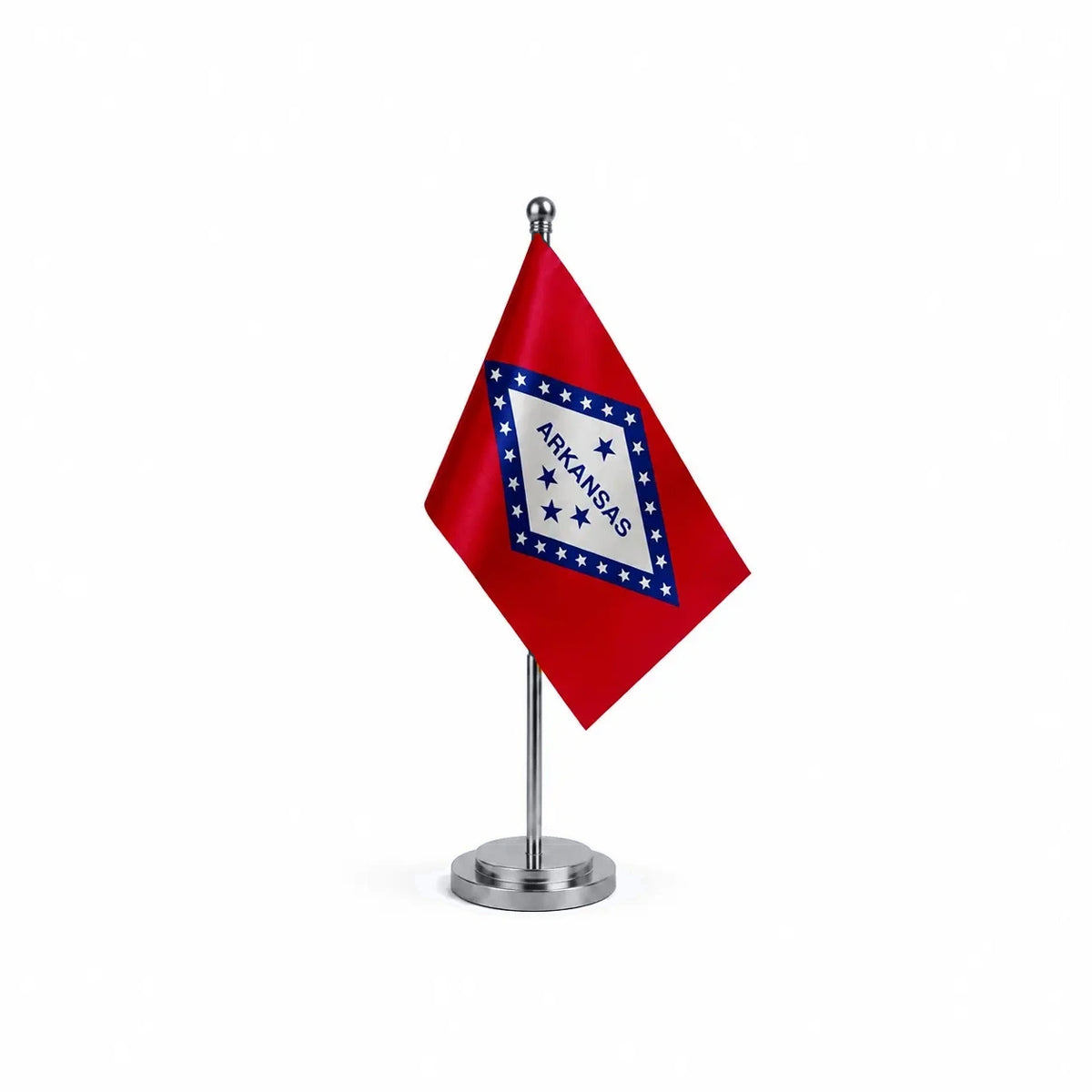 Drapeau Bureau de l'Arkansas modèle Argent avec mât et socle en acier inoxydable