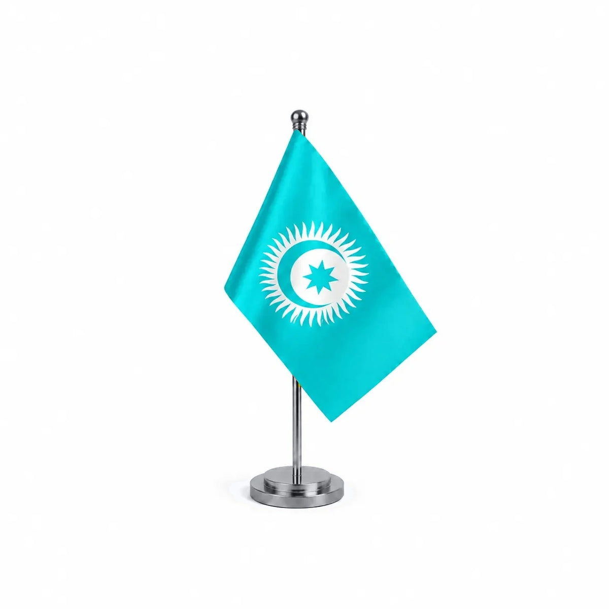 Drapeau Bureau du Conseil turcique modèle Argent avec mât et socle en acier inoxydable