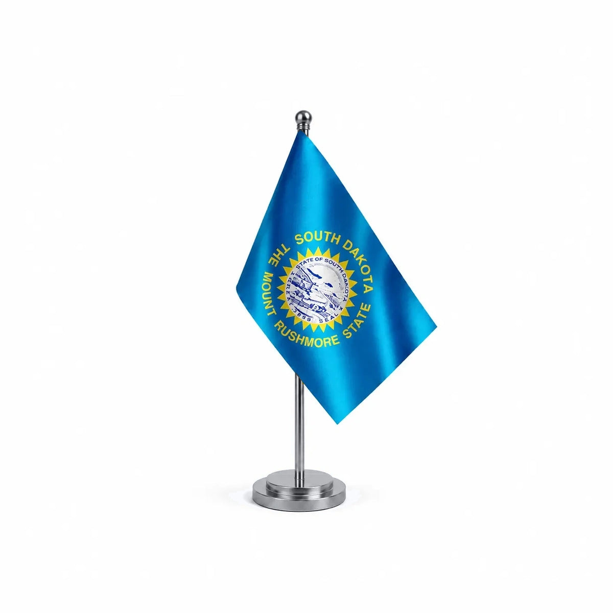 Drapeau Bureau du Dakota du Sud modèle Argent avec mât et socle en acier inoxydable