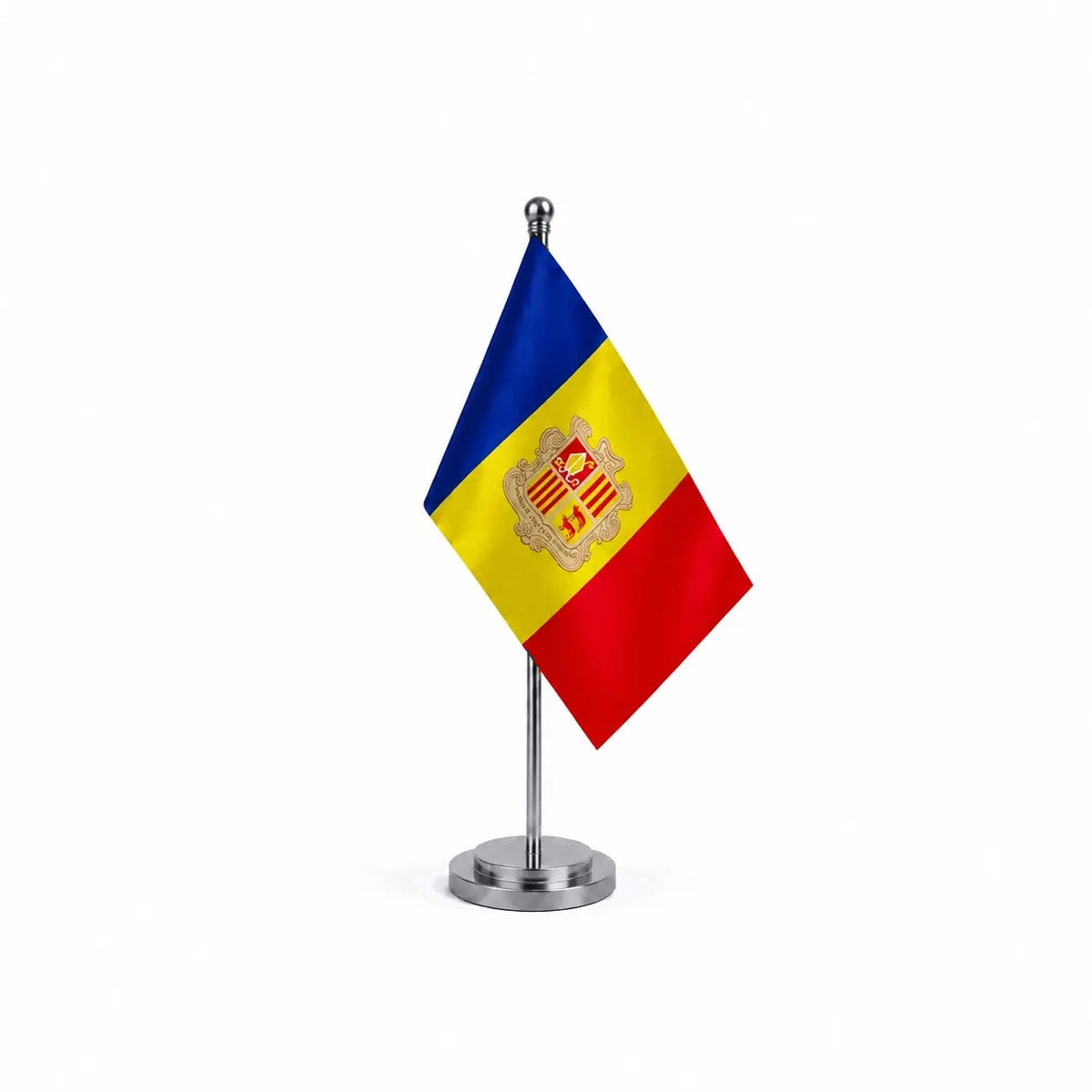 Drapeau bureau d'Andorre modèle Argent avec mât et socle en acier inoxydable