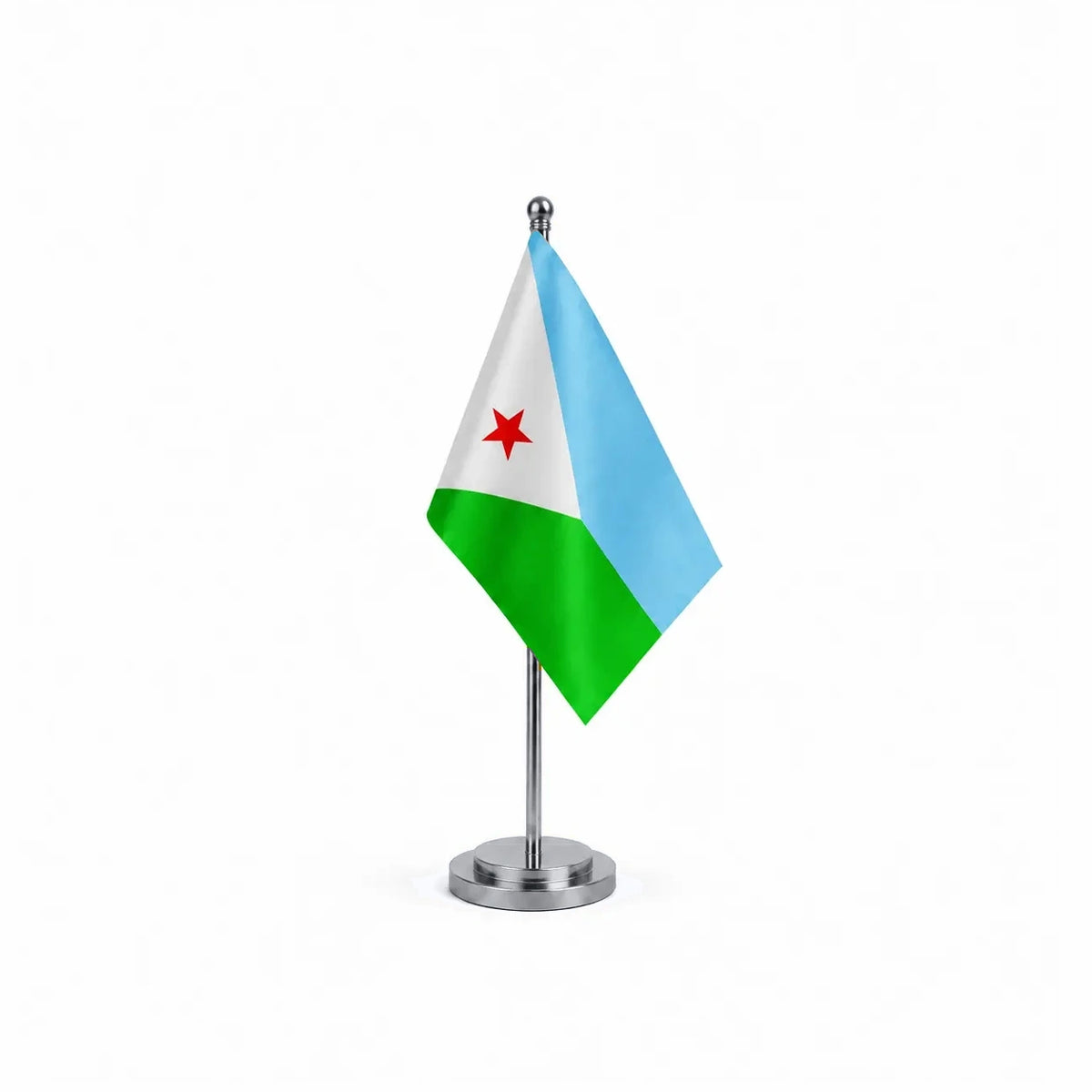 Drapeau bureau de Djibouti modèle Argent avec mât et socle en acier inoxydable