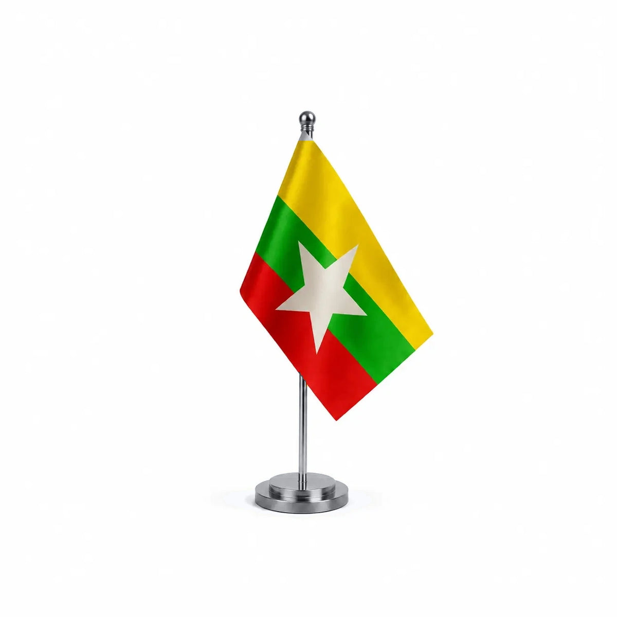 Drapeau bureau de la Birmanie modèle Argent avec mât et socle en acier inoxydable