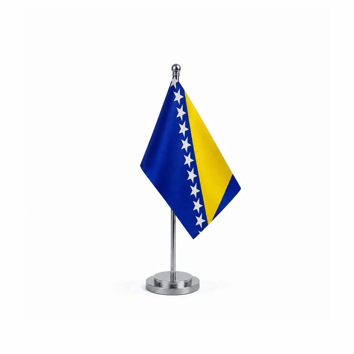 Drapeau bureau de la Bosnie-Herzégovine modèle Argent avec mât et socle en acier inoxydable