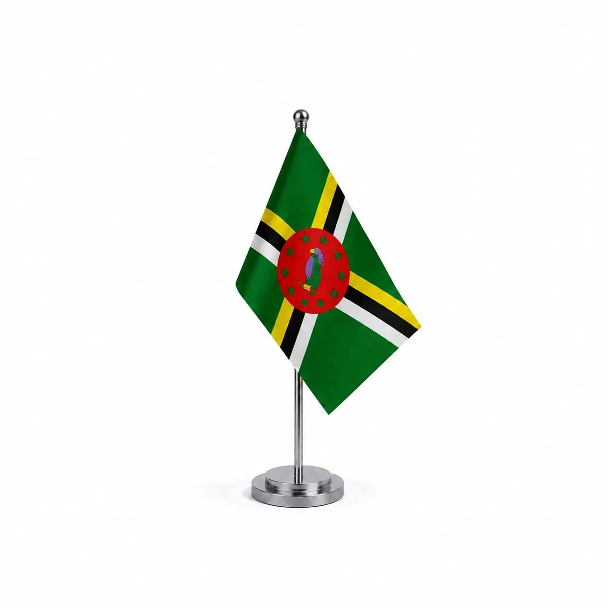 Drapeau bureau de la Dominique modèle Argent avec mât et socle en acier inoxydable