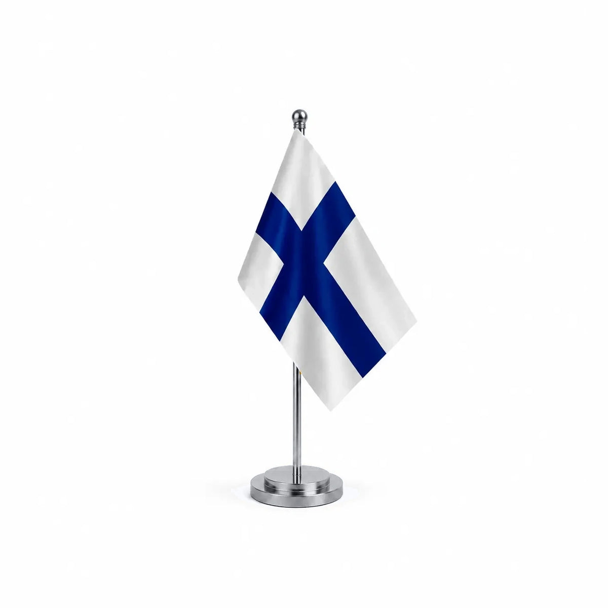 Drapeau bureau de la Finlande modèle Argent avec mât et socle en acier inoxydable