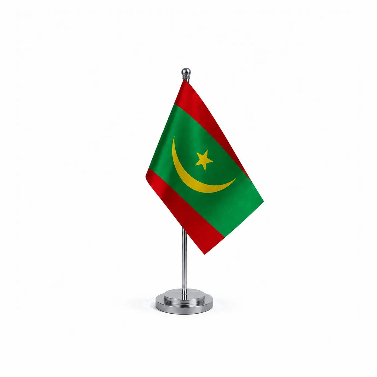 Drapeau bureau de la Mauritanie modèle Argent avec mât et socle en acier inoxydable