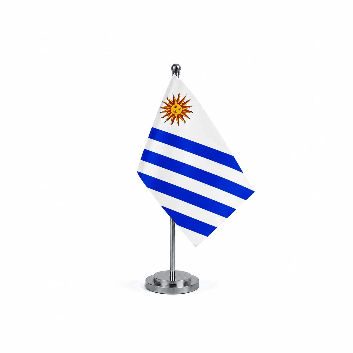 Drapeau bureau de l'Uruguay modèle Argent avec mât et socle en acier inoxydable