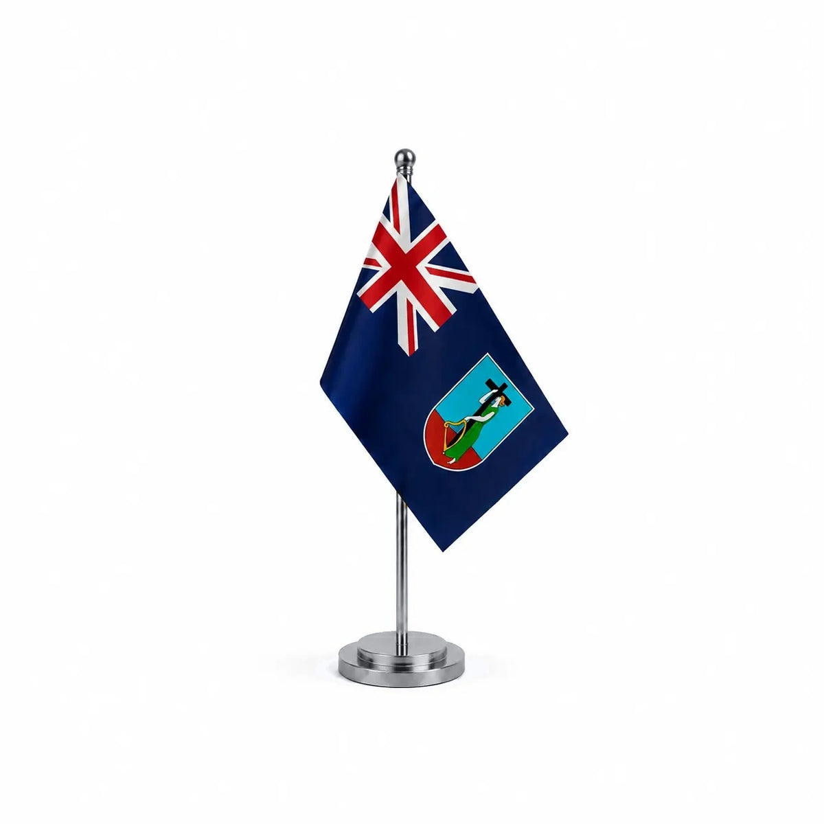 Drapeau bureau de Montserrat modèle Argent avec mât et socle en acier inoxydable