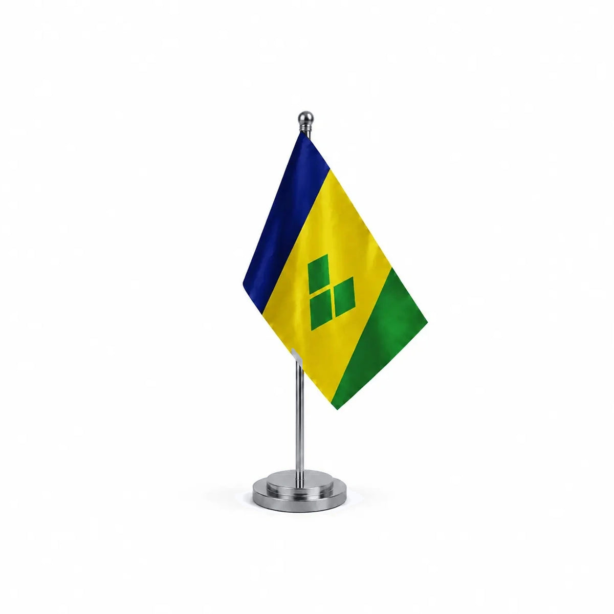 Drapeau bureau Saint-Vincent-et-les-Grenadines modèle Argent avec mât et socle en acier inoxydable