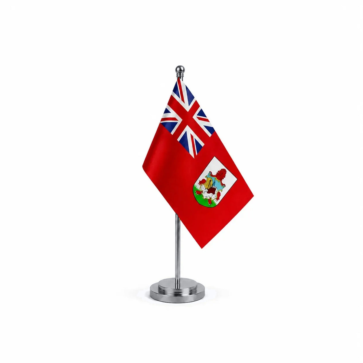 Drapeau bureau des Bermudes modèle Argent avec mât et socle en acier inoxydable