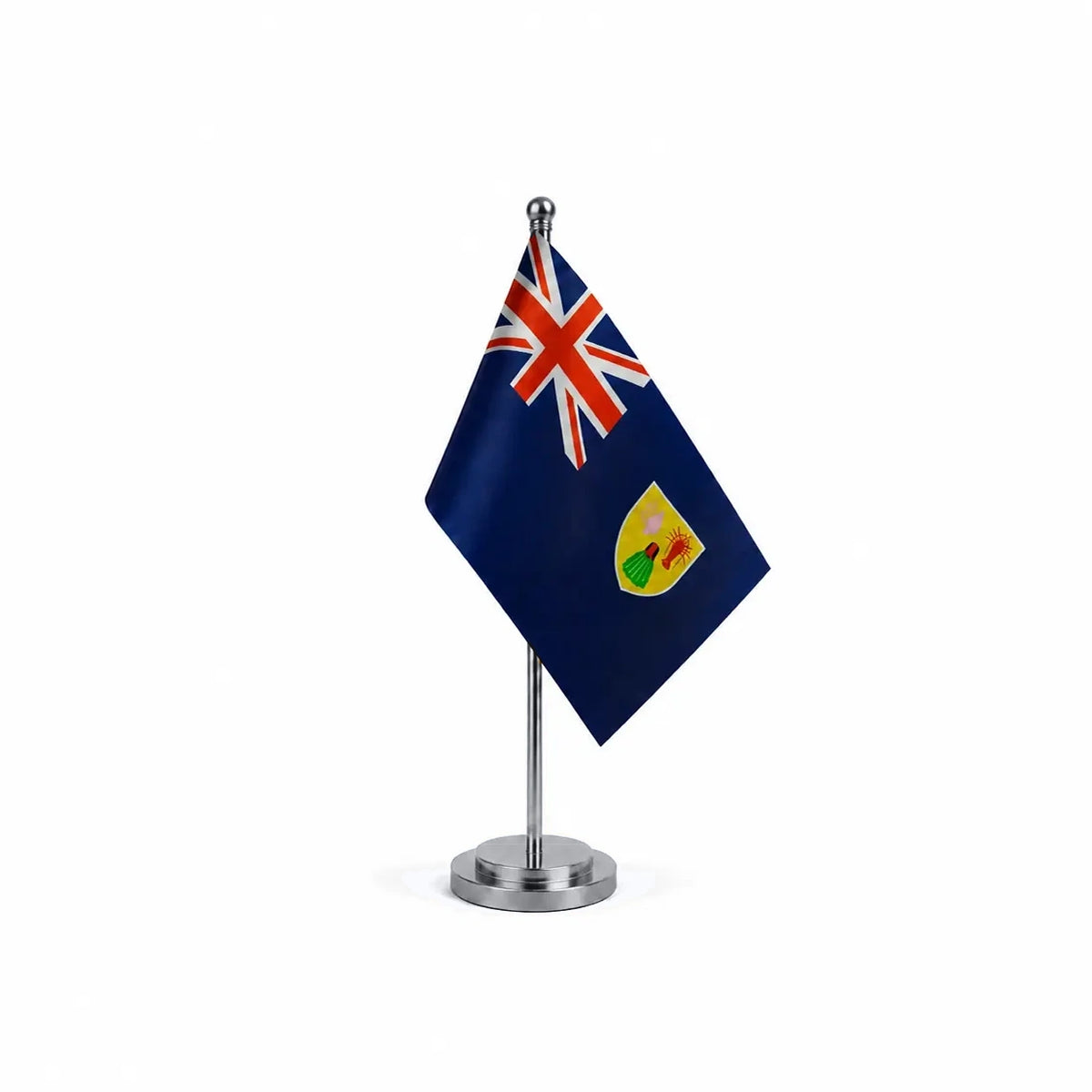 Drapeau bureau des Îles Turques-et-Caïques modèle Argent avec mât et socle en acier inoxydable