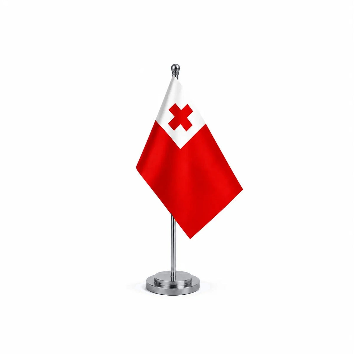 Drapeau bureau des Tonga modèle Argent avec mât et socle en acier inoxydable
