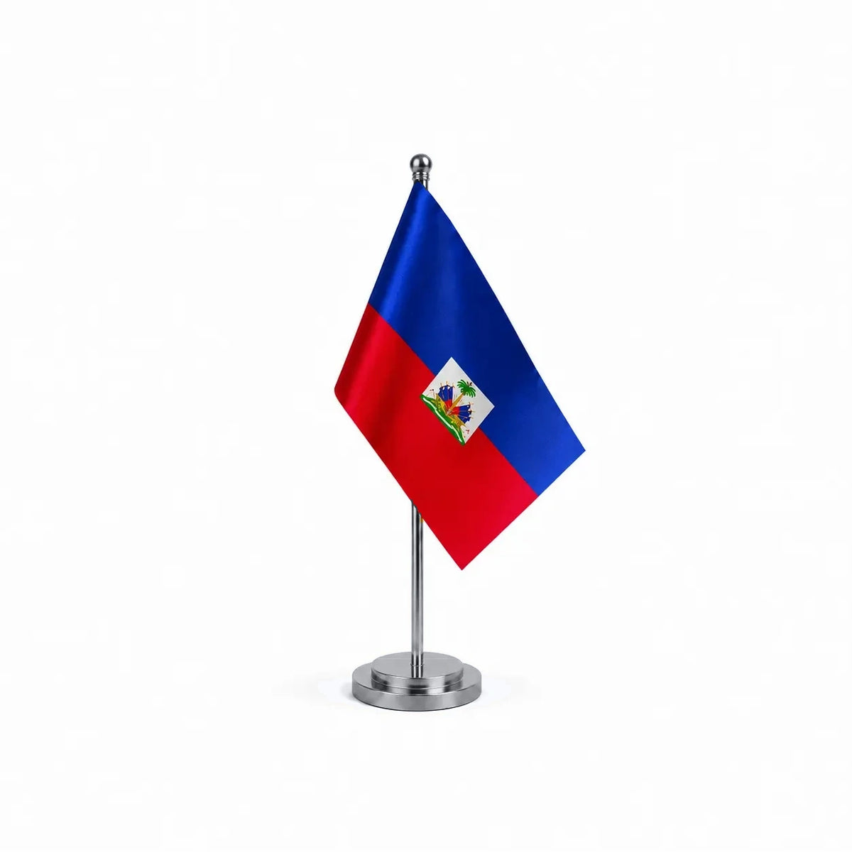 Drapeau bureau d'Haïti modèle Argent avec mât et socle en acier inoxydable