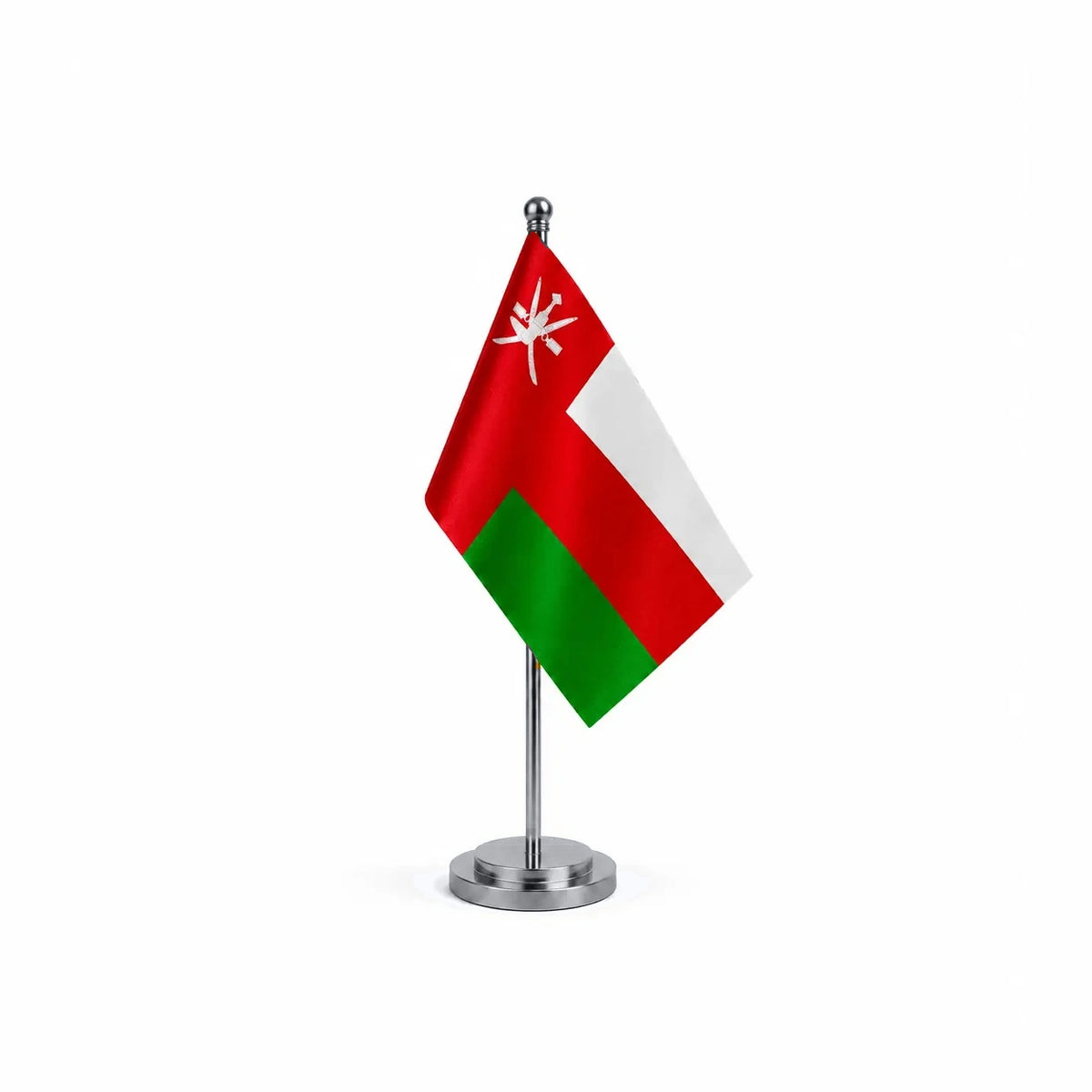Drapeau bureau d'Oman modèle Argent avec mât et socle en acier inoxydable
