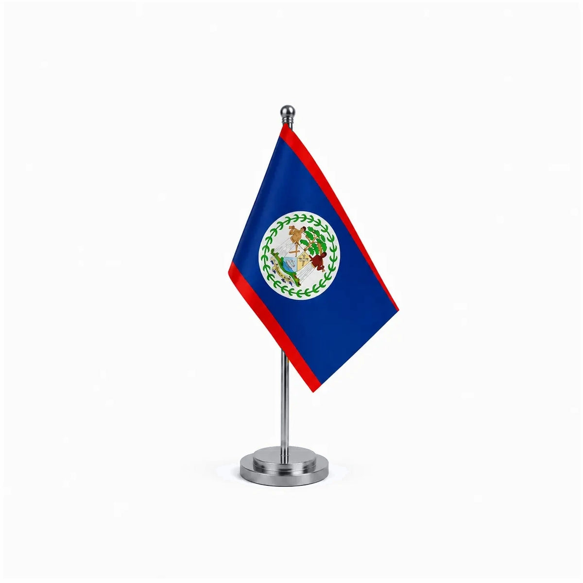 Drapeau bureau du Belize modèle Argent avec mât et socle en acier inoxydable