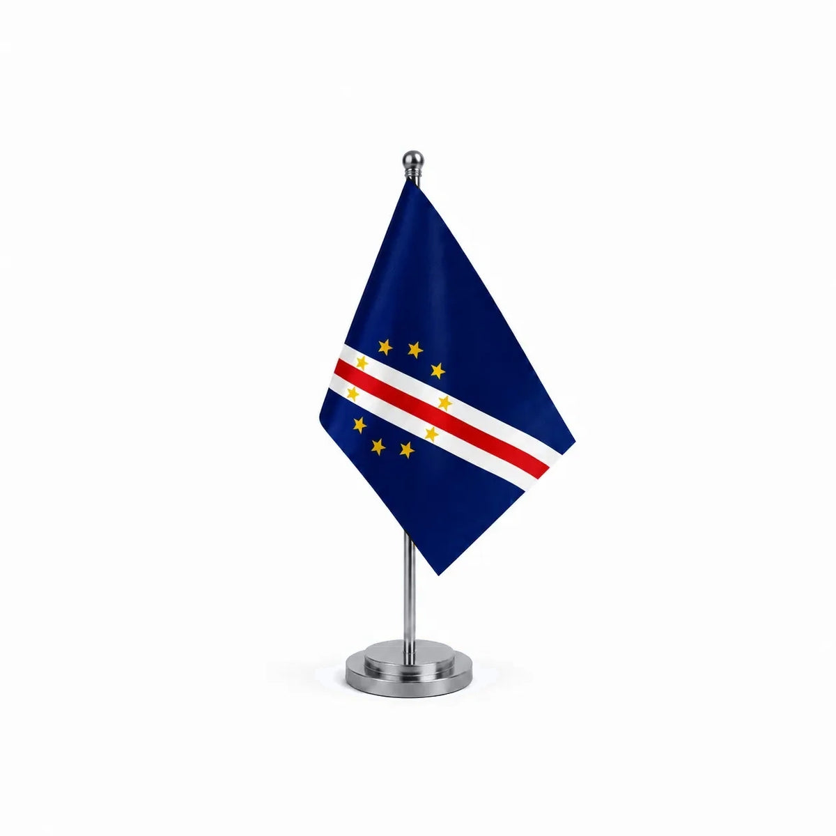 Drapeau bureau du Cap-Vert modèle Argent avec mât et socle en acier inoxydable