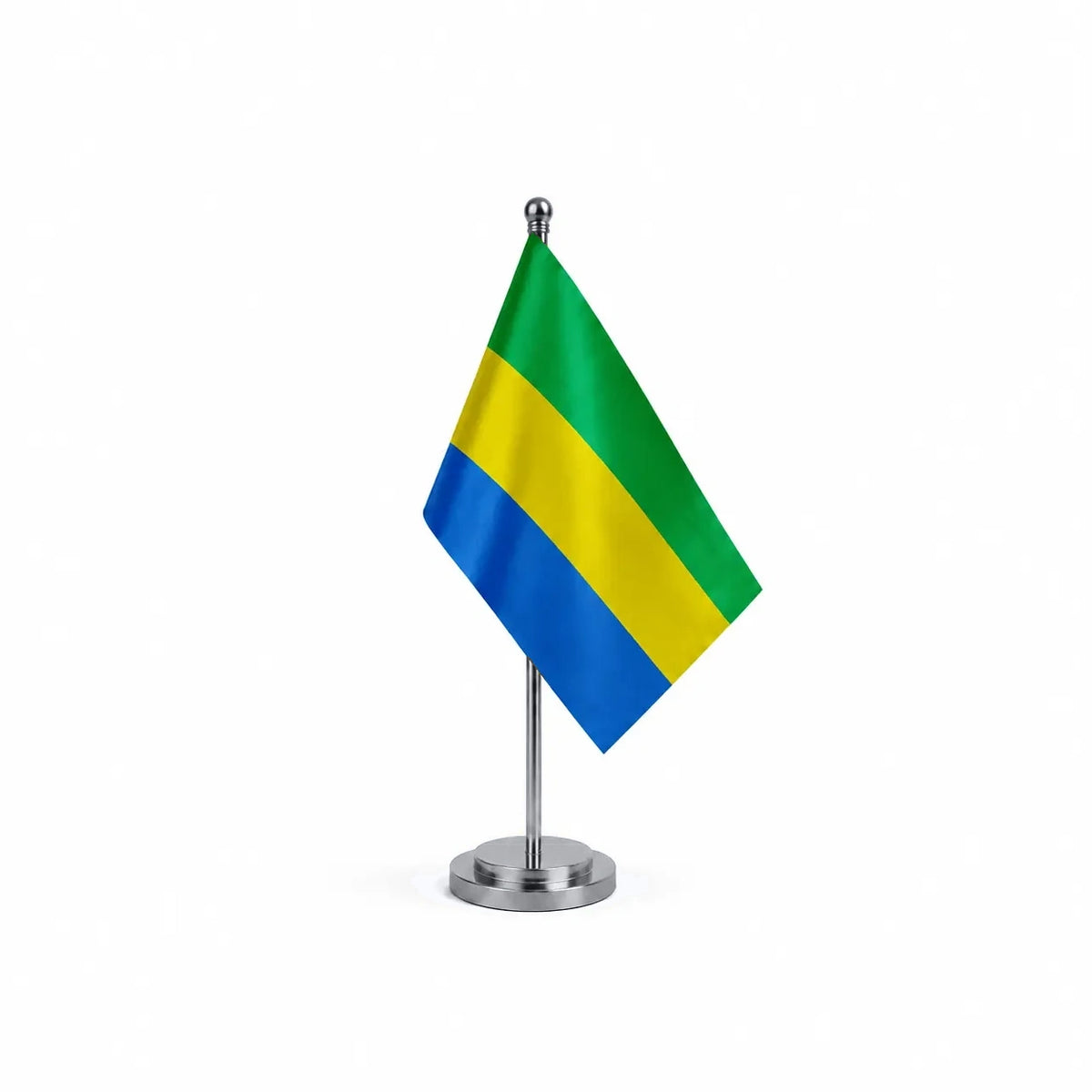 Drapeau bureau du Gabon modèle Argent avec mât et socle en acier inoxydable