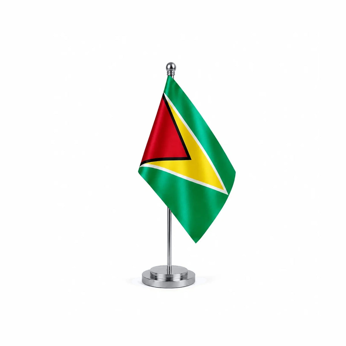 Drapeau bureau du Guyana modèle Argent avec mât et socle en acier inoxydable