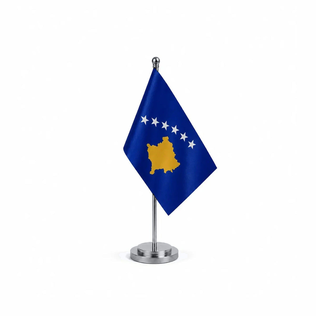 Drapeau bureau du Kosovo modèle Argent avec mât et socle en acier inoxydable