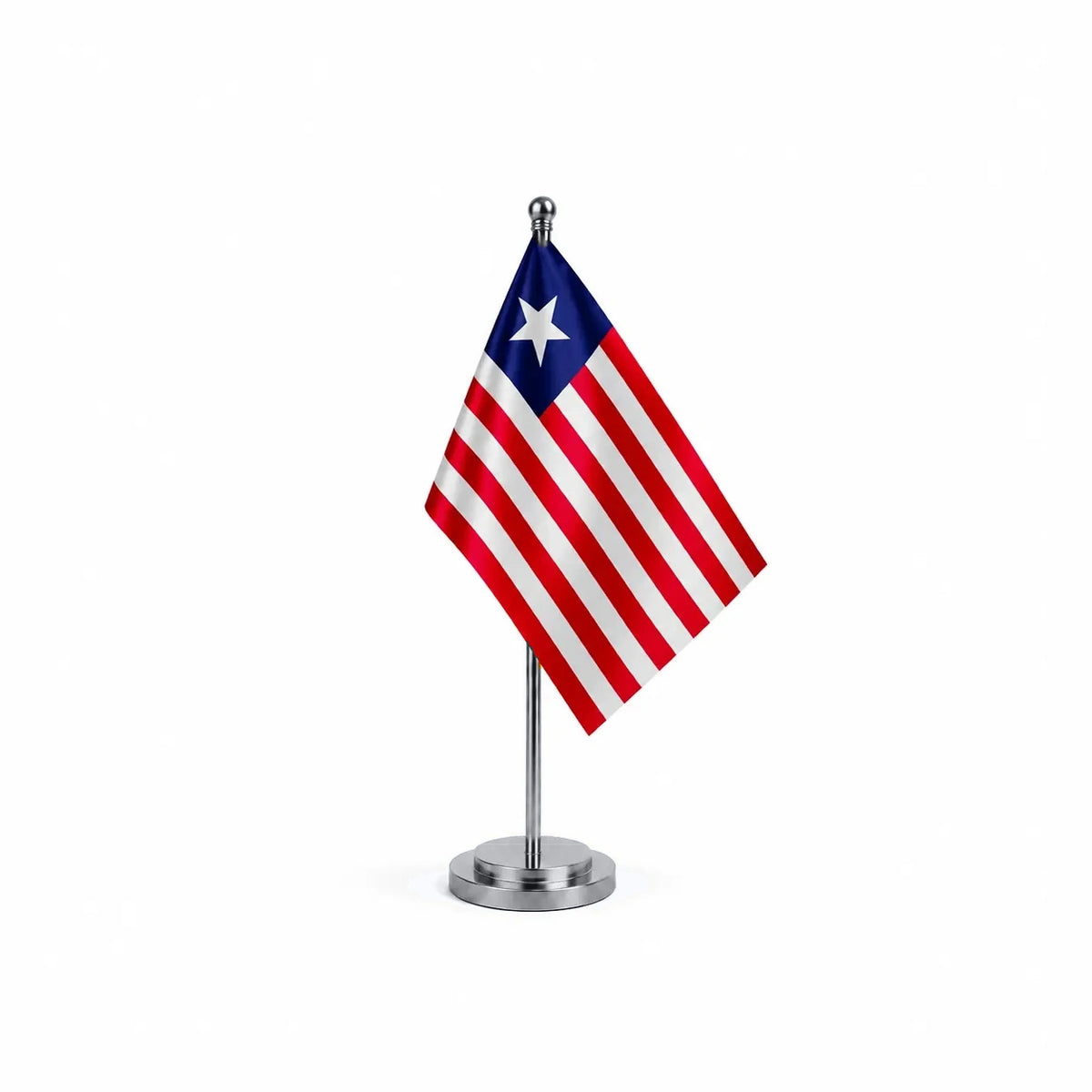 Drapeau bureau du Liberia modèle Argent avec mât et socle en acier inoxydable