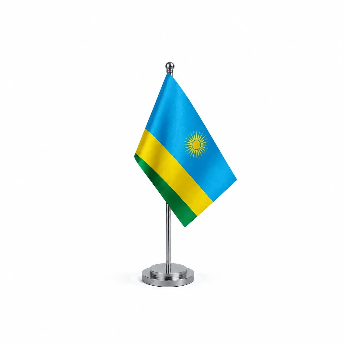 Drapeau bureau du Rwanda modèle Argent avec mât et socle en acier inoxydable