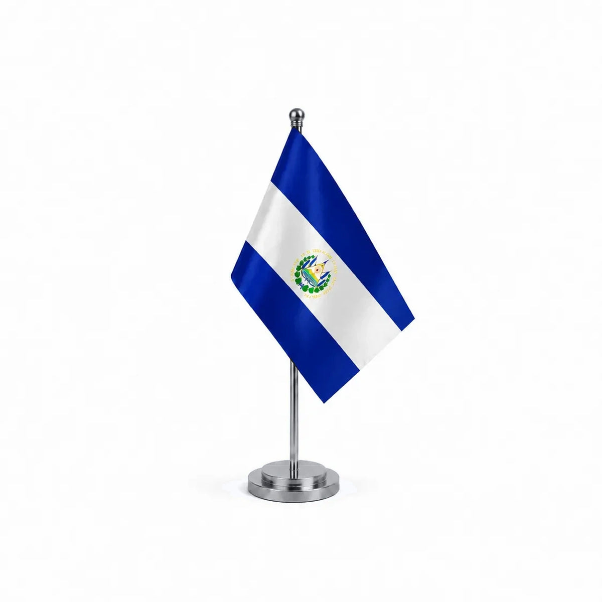 Drapeau bureau du Salvador modèle Argent avec mât et socle en acier inoxydable
