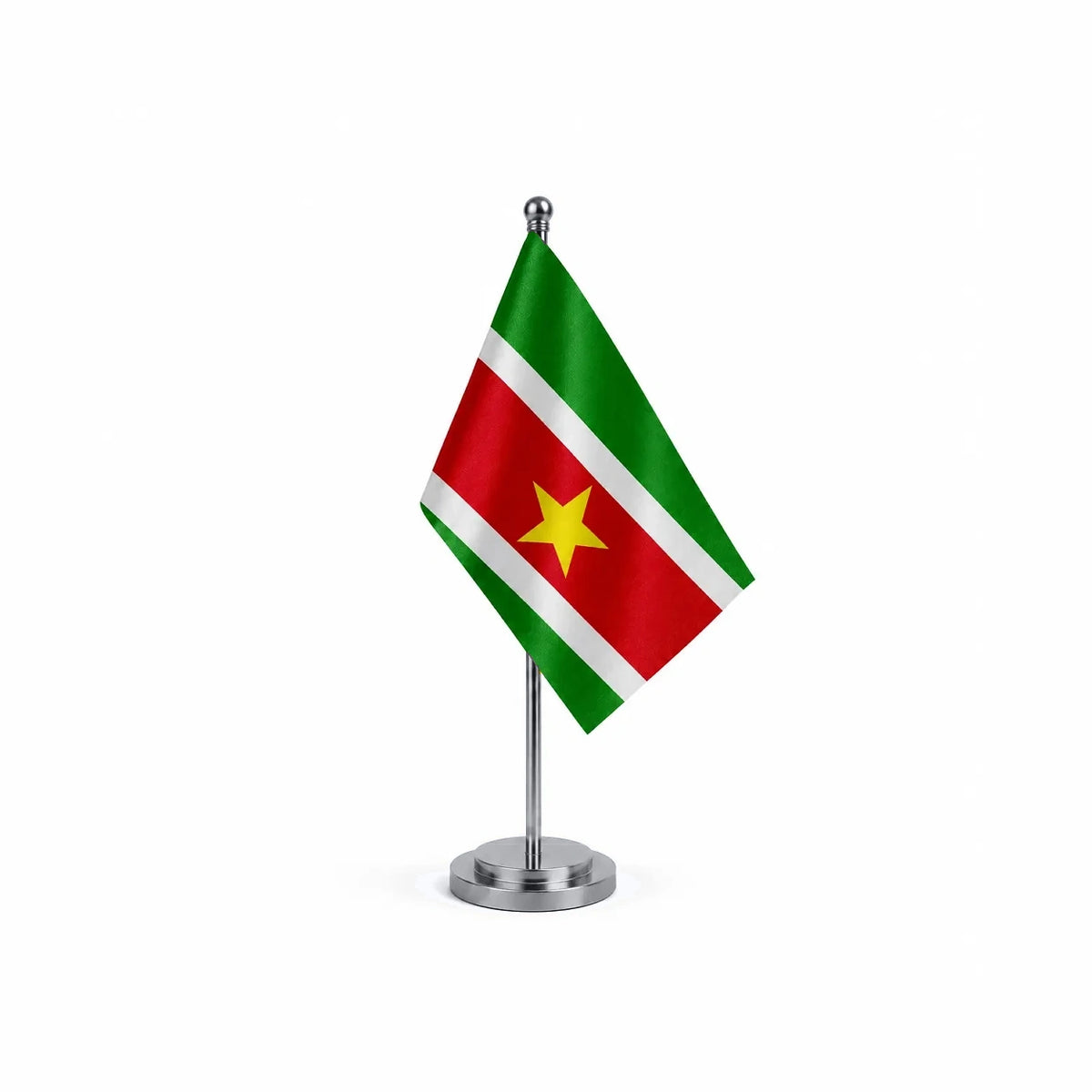 Drapeau bureau du Suriname modèle Argent avec mât et socle en acier inoxydable
