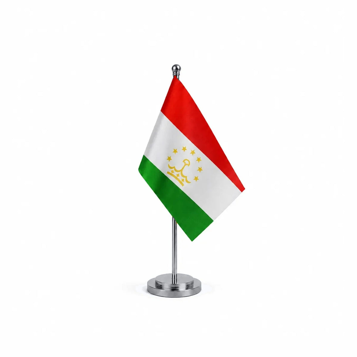 Drapeau bureau du Tadjikistan modèle Argent avec mât et socle en acier inoxydable