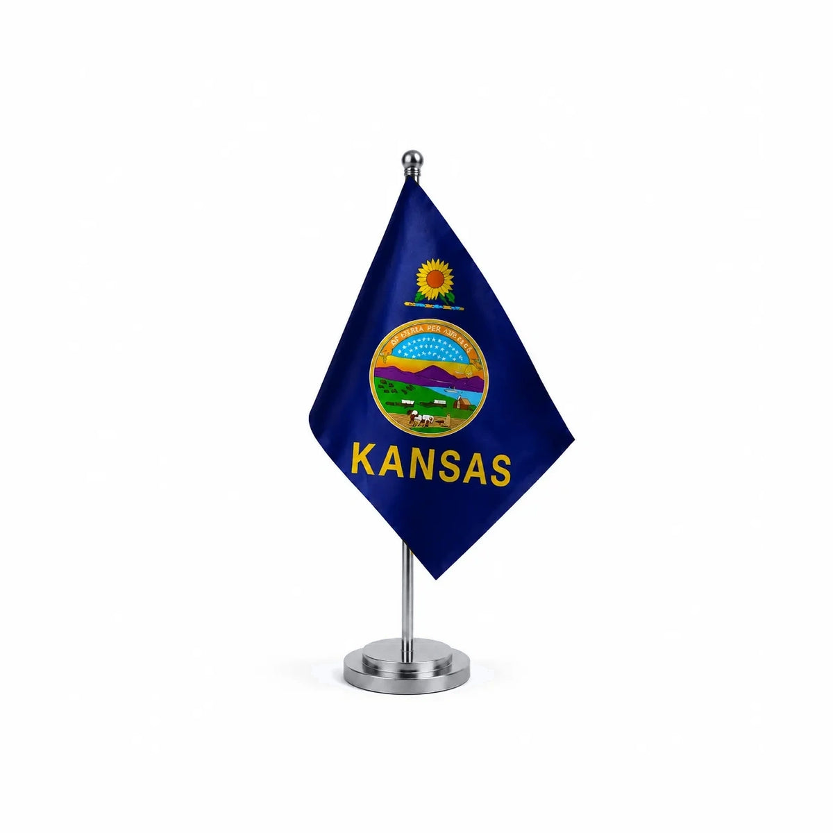 Drapeau Bureau du Kansas modèle Argent avec mât et socle en acier inoxydable