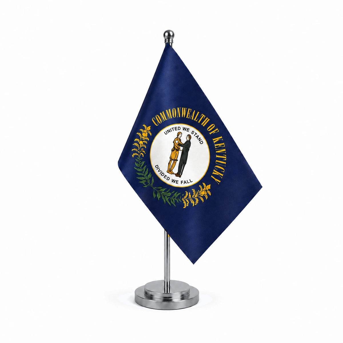Drapeau Bureau du Kentucky modèle Argent avec mât et socle en acier inoxydable