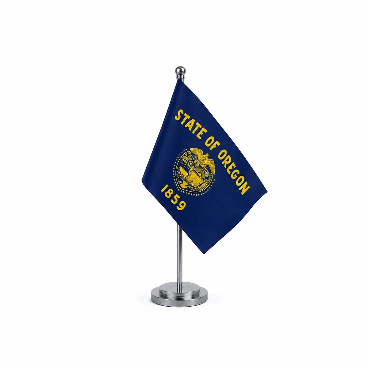 Drapeau Bureau de l'Oregon modèle Argent avec mât et socle en acier inoxydable
