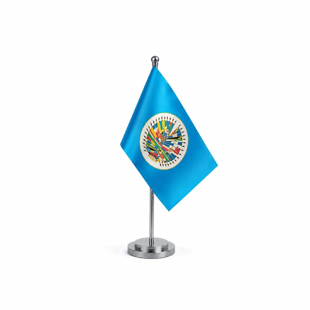 Drapeau Bureau de l'Organisation des États américains modèle Argent avec mât et socle en acier inoxydable