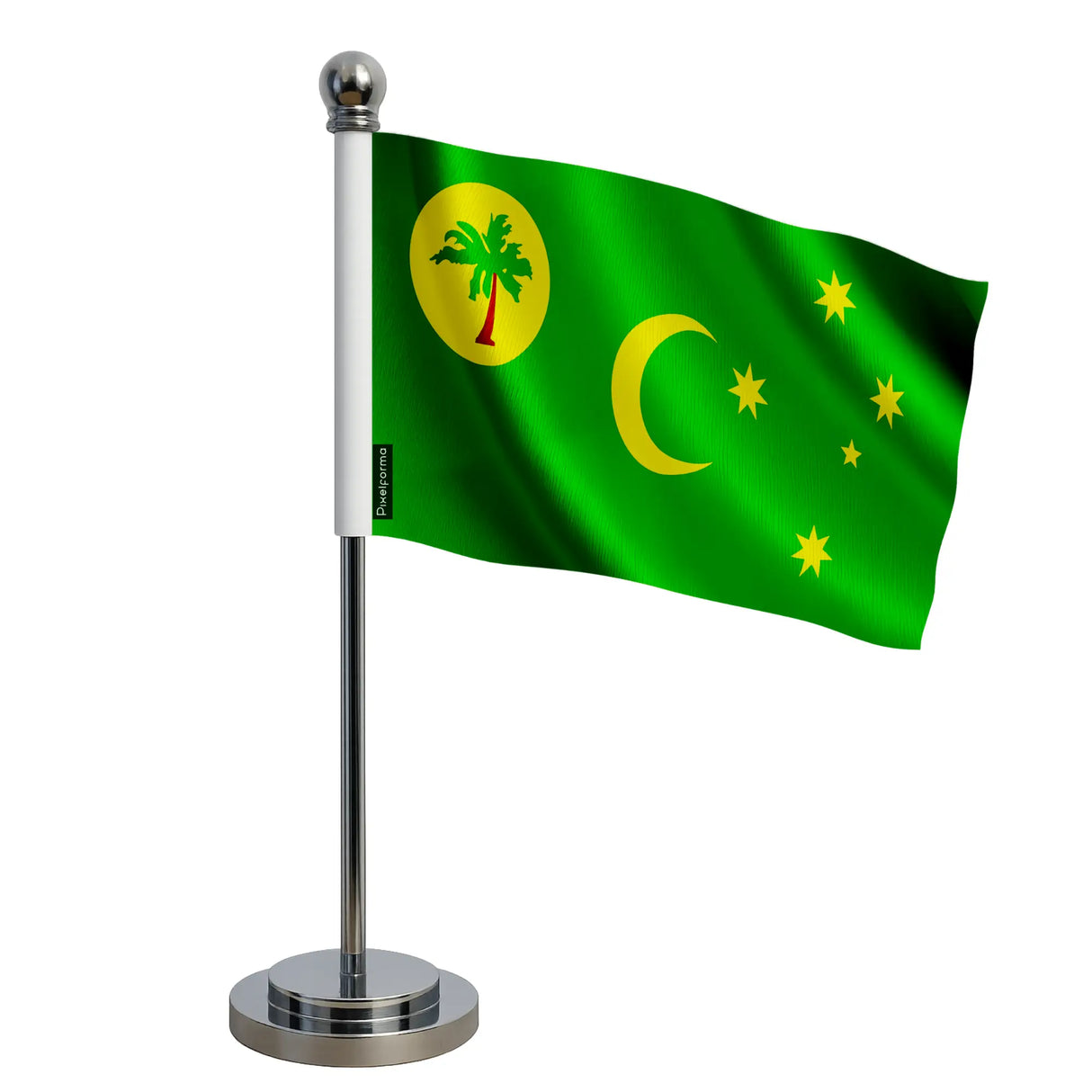 Drapeau bureau îles cocos polyester sur socle acier inoxydable