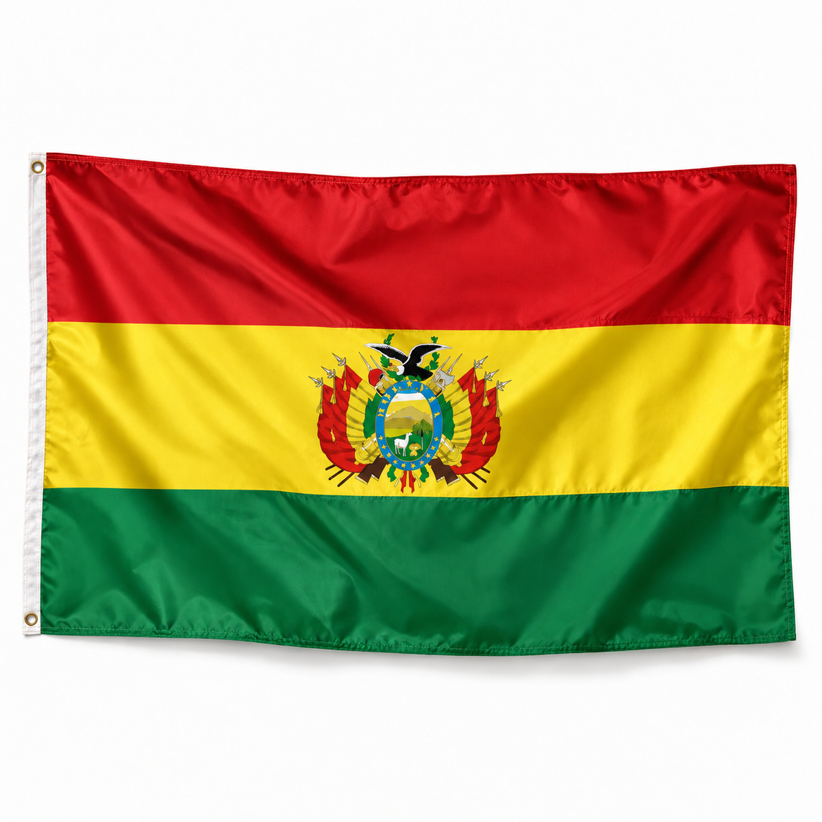 Drapeau de Bolivie avec blason – photo produit réaliste corrigée