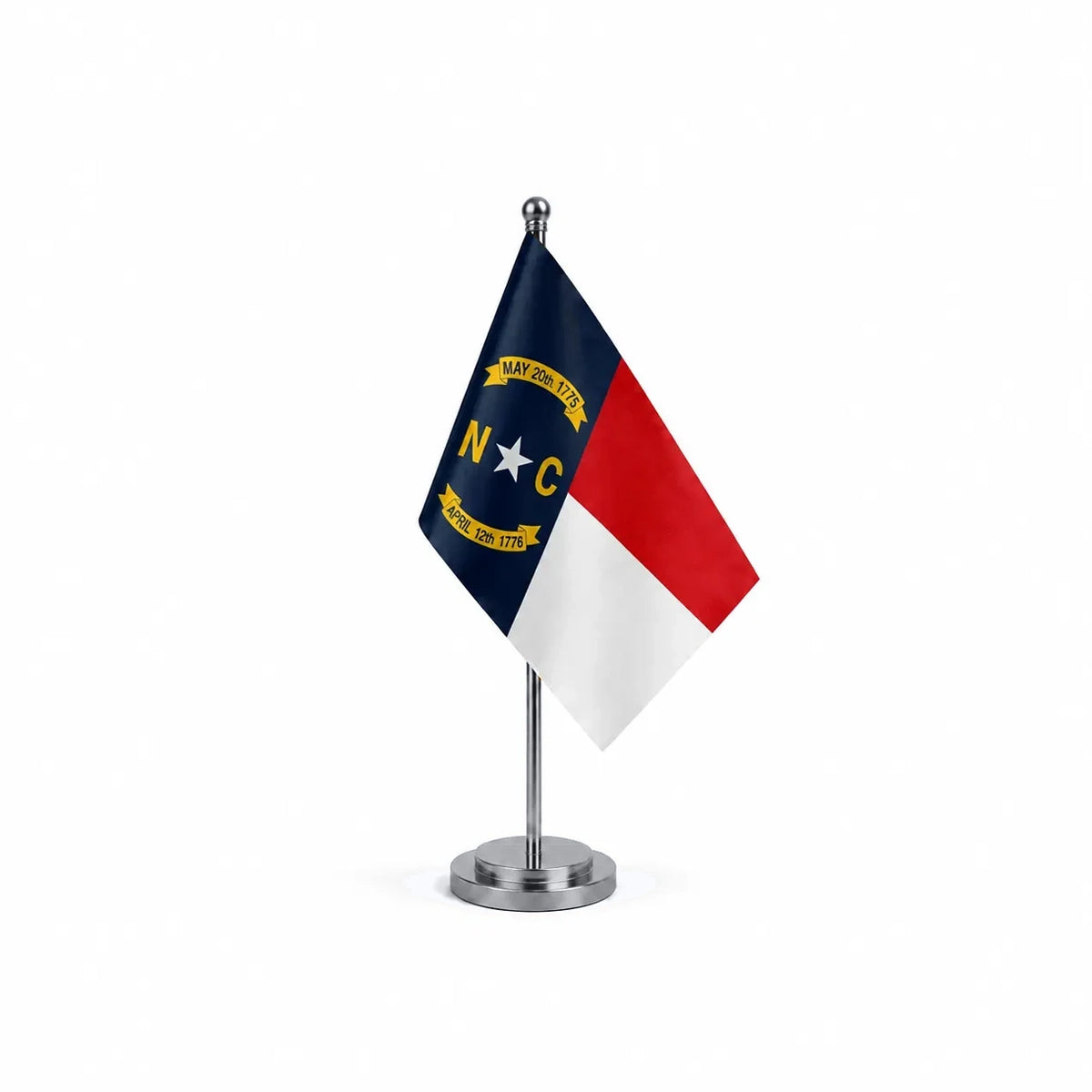 Drapeau Bureau de la Caroline du Nord modèle Argent avec mât et socle en acier inoxydable