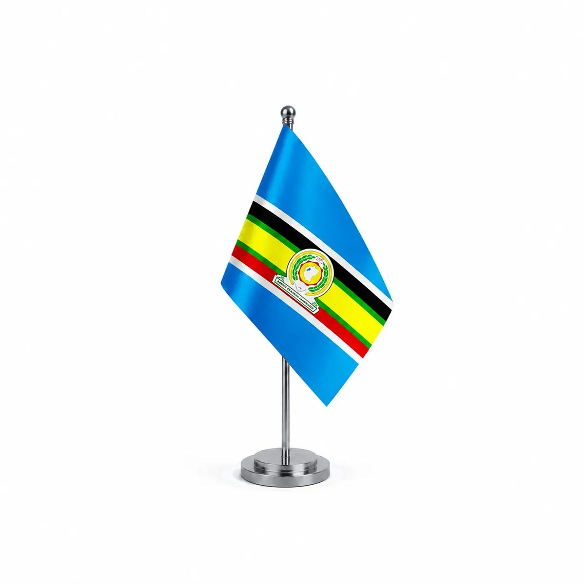 Drapeau Bureau de la Communauté d'Afrique de l'Est modèle Argent avec mât et socle en acier inoxydable