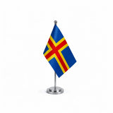 Drapeau bureau d'Åland modèle Argent avec mât et socle en acier inoxydable