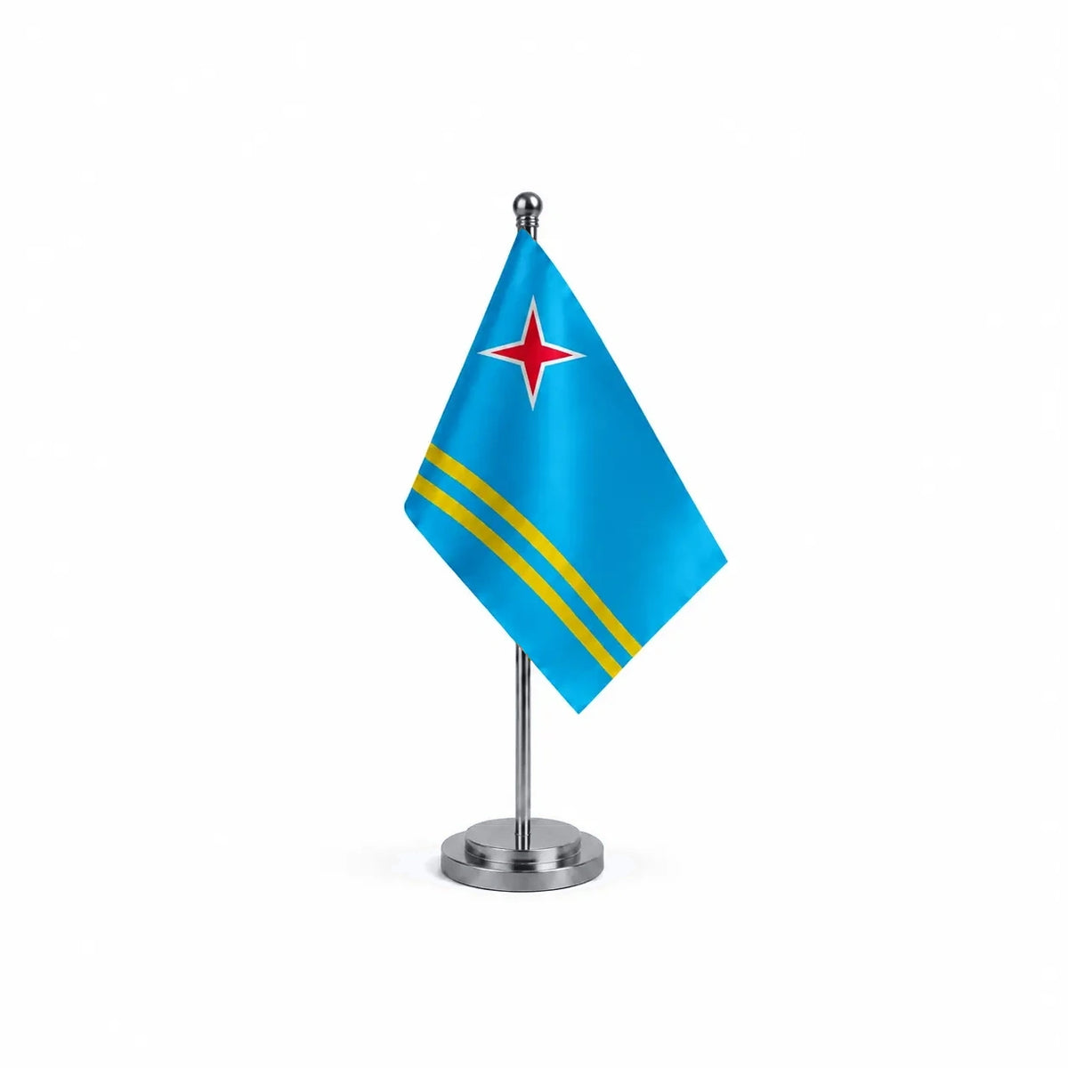 Drapeau bureau d'Aruba modèle Argent avec mât et socle en acier inoxydable