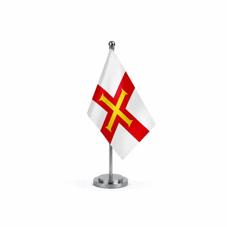Drapeau bureau de Guernesey modèle Argent avec mât et socle en acier inoxydable