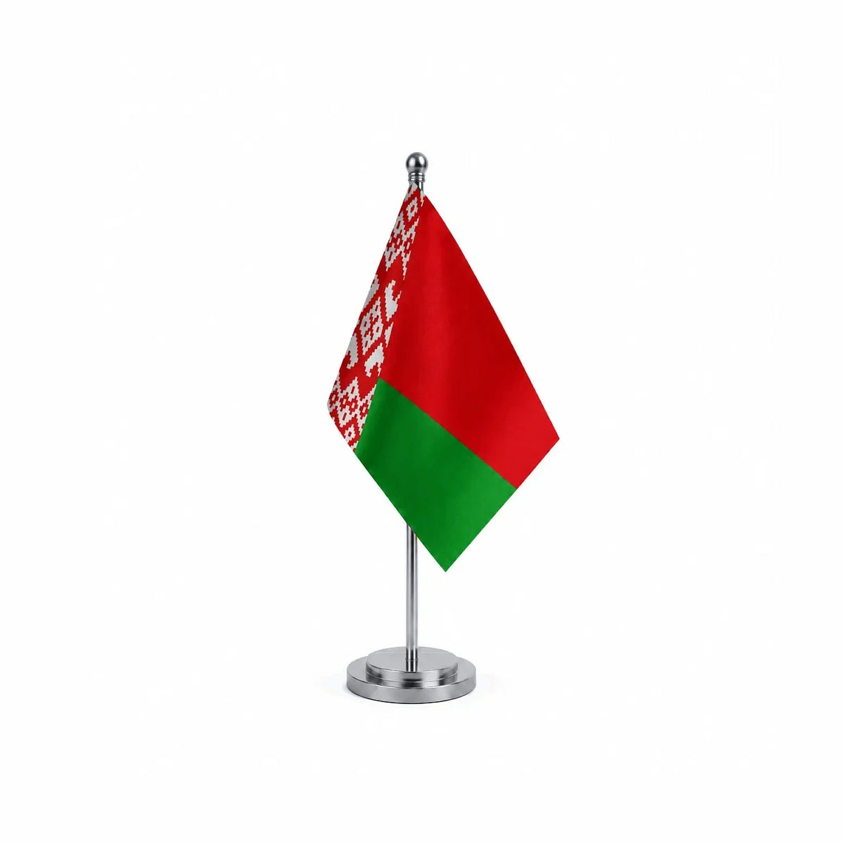 Drapeau bureau de la Biélorussie modèle Argent avec mât et socle en acier inoxydable