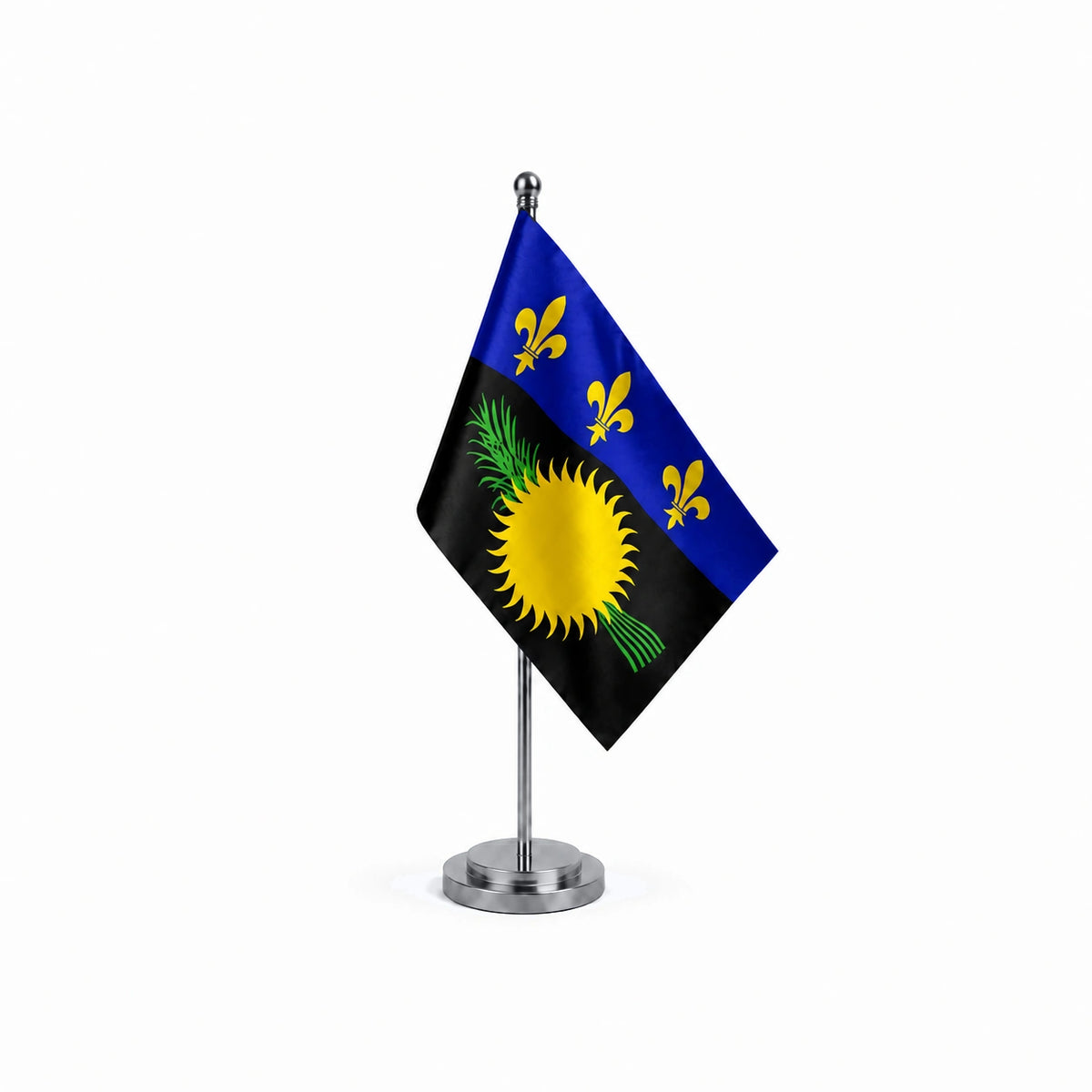Drapeau bureau de la Guadeloupe modèle Argent avec mât et socle en acier inoxydable