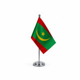 Drapeau bureau de la Mauritanie modèle Argent avec mât et socle en acier inoxydable