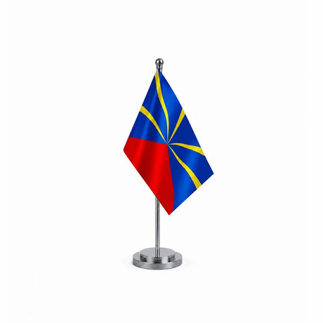 Drapeau bureau de La Réunion modèle Argent avec mât et socle en acier inoxydable