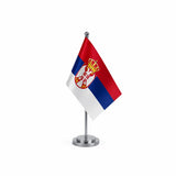 Drapeau bureau de la Serbie modèle Argent avec mât et socle en acier inoxydable