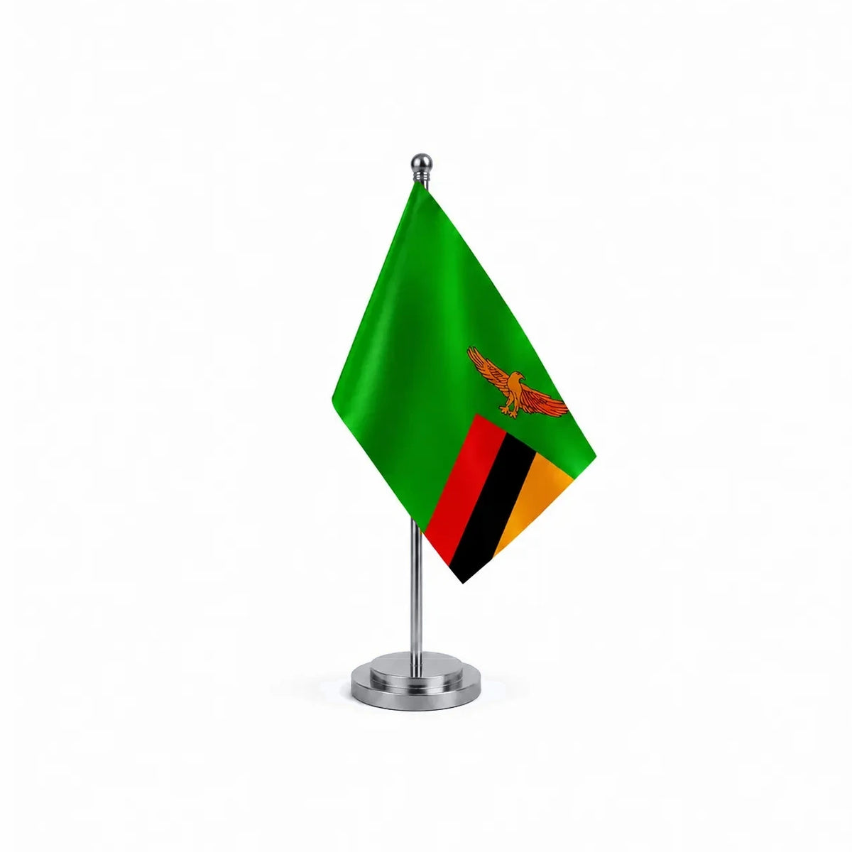 Drapeau bureau de la Zambie modèle Argent avec mât et socle en acier inoxydable