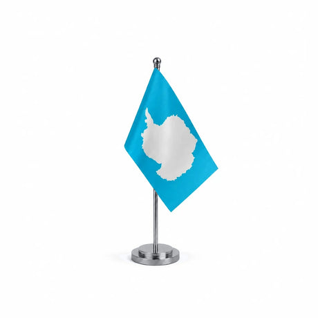 Drapeau bureau de l'Antarctique modèle Argent avec mât et socle en acier inoxydable