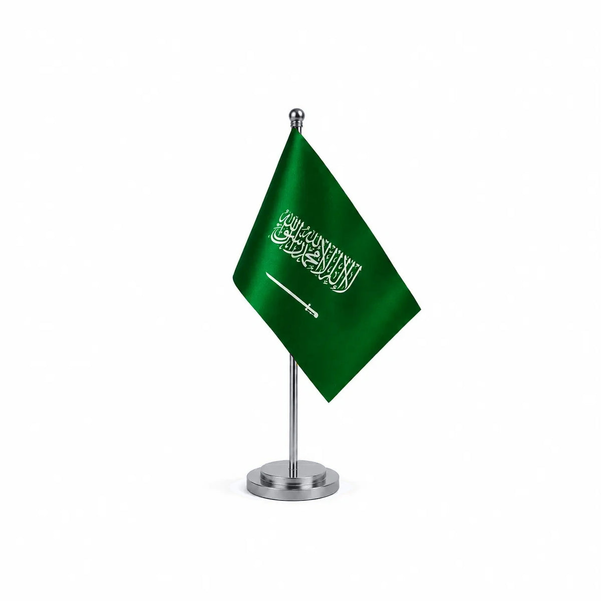 Drapeau bureau de l'Arabie saoudite modèle Argent avec mât et socle en acier inoxydable
