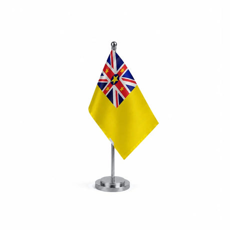 Drapeau bureau de Niue modèle Argent avec mât et socle en acier inoxydable
