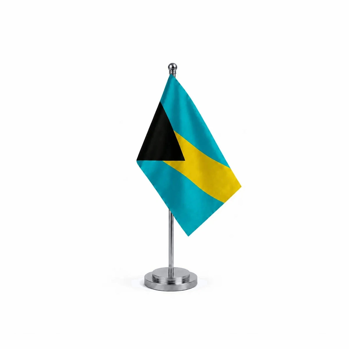 Drapeau bureau des Bahamas modèle Argent avec mât et socle en acier inoxydable