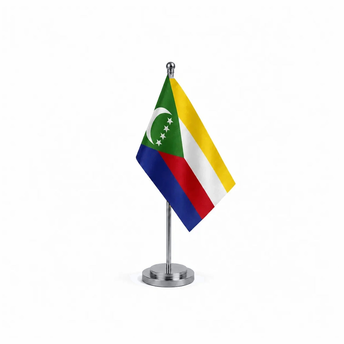 Drapeau bureau des Comores modèle Argent avec mât et socle en acier inoxydable